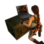 Lara Croft ingame using a laptop with Tomb Editor on screen